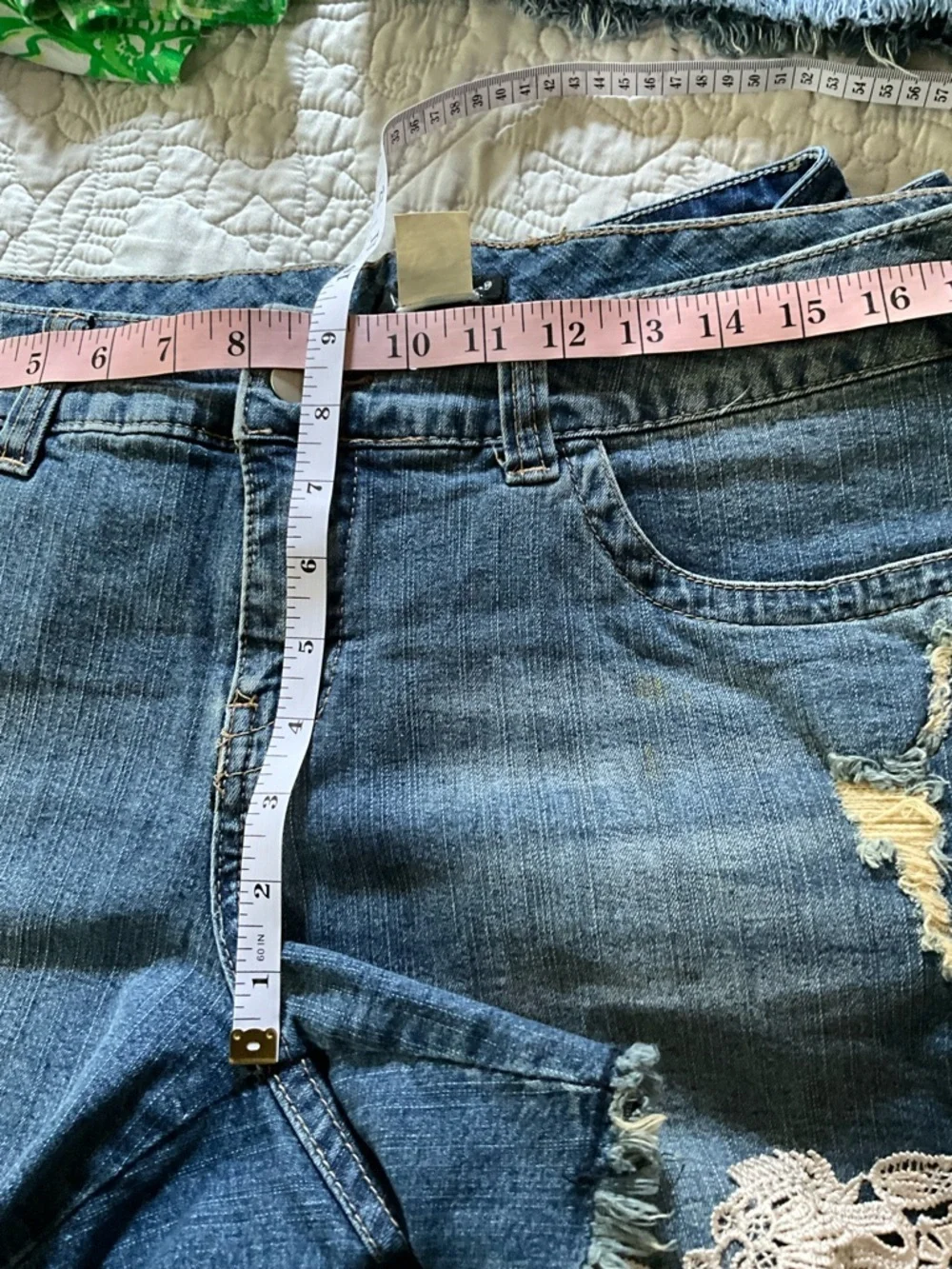 Venus Upcycled Crochet Lace Distressed Denim Shorts Size 12